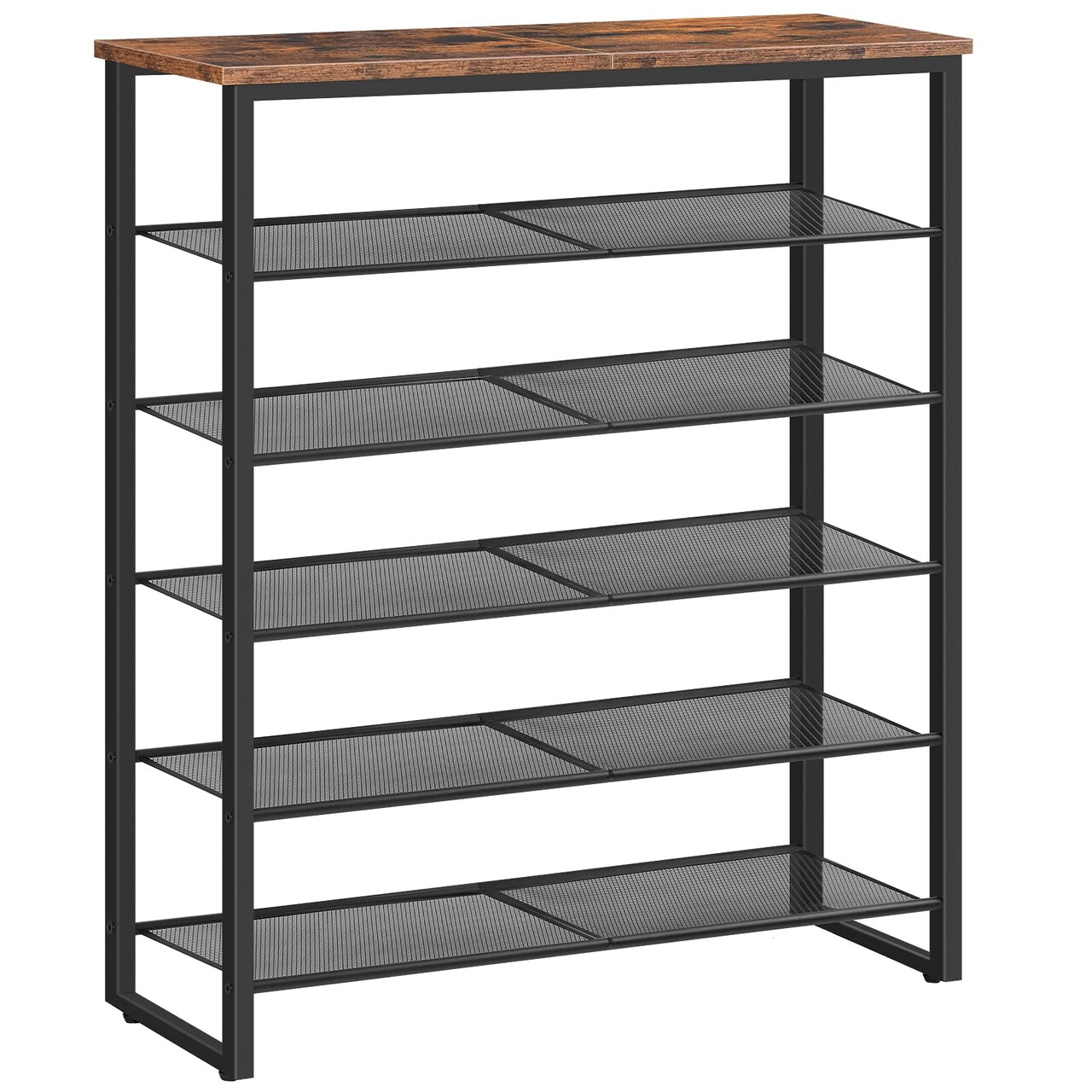 Space-Saving Shoe Rack with Wooden Top, Metal Shelves, Adjustable Feet